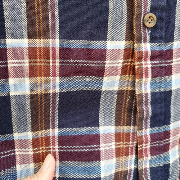 Sear's Vintage long sleeve Acrylic plaid men's button shirt. 17-17.5. Burg/Blue. - Picture 12 of 16